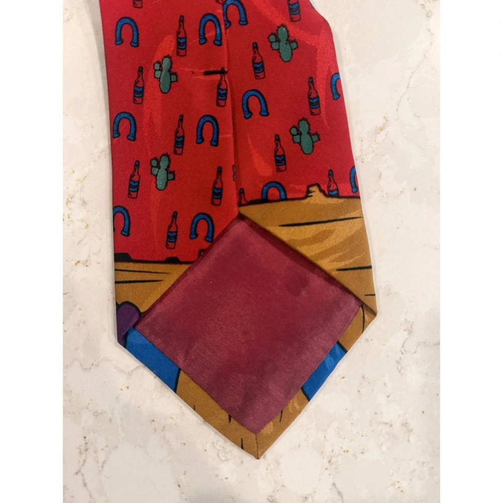 Mickey Unlimited Disney Mens Goofy Cowboy Western Horseshoe‎ Red Silk Tie 57in